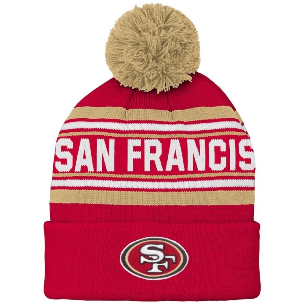 Boys San Francisco 49ers Scarlet Jacquard Cuffed Knit Hat with Pom